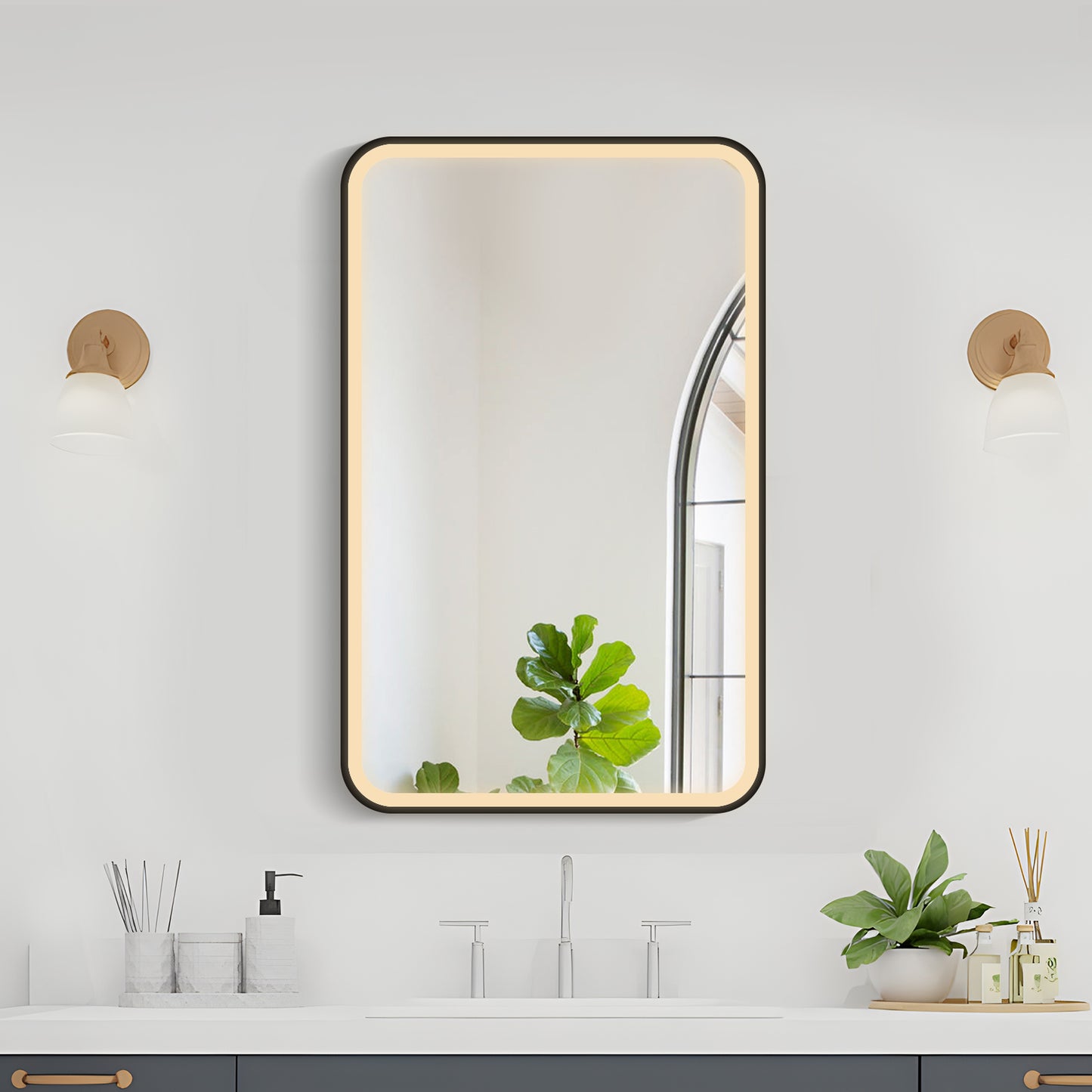 COLINE 20" x 32" Rounded Rectangular Black Metal Framed LED Mirror Cabinet