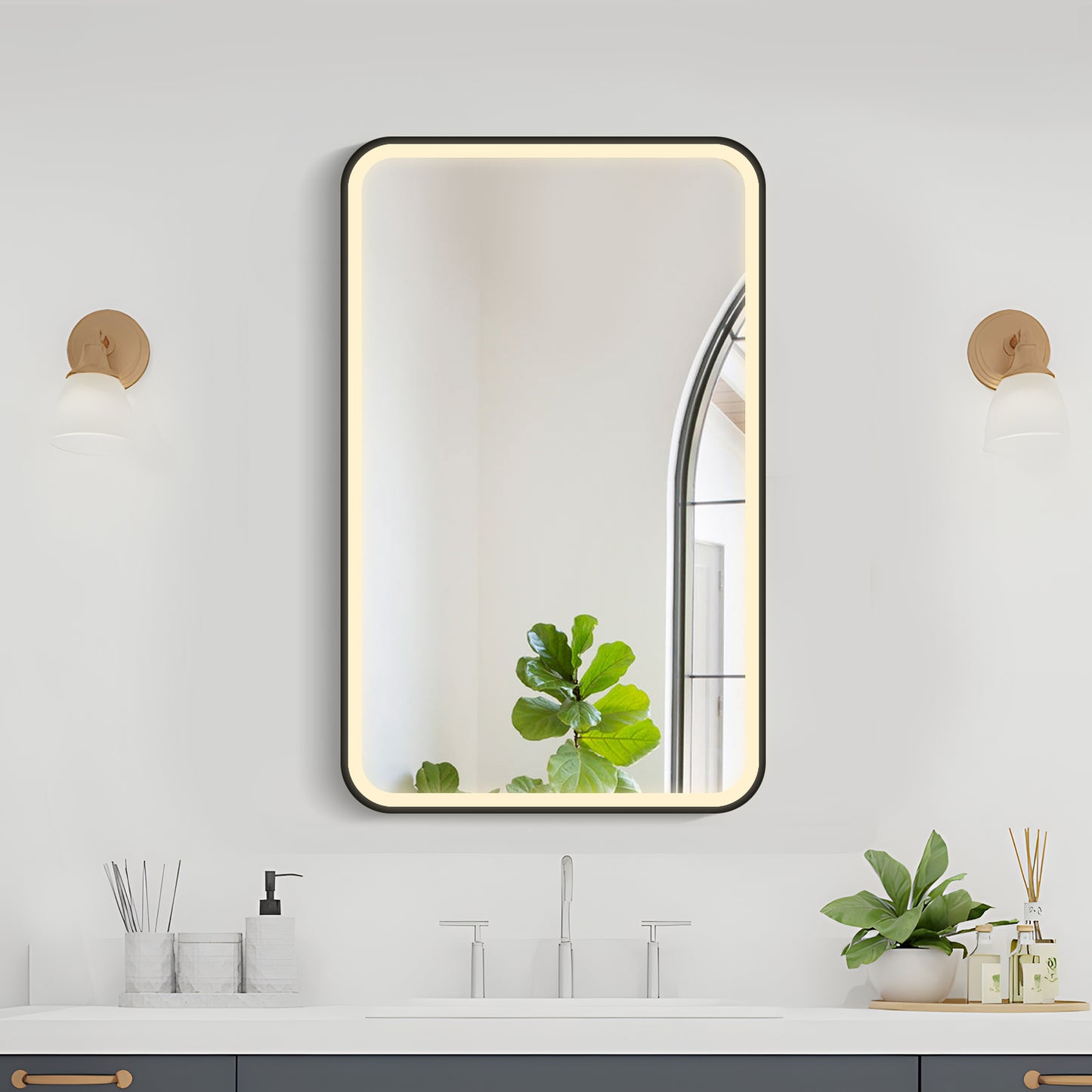 COLINE 20" x 32" Rounded Rectangular Black Metal Framed LED Mirror Cabinet