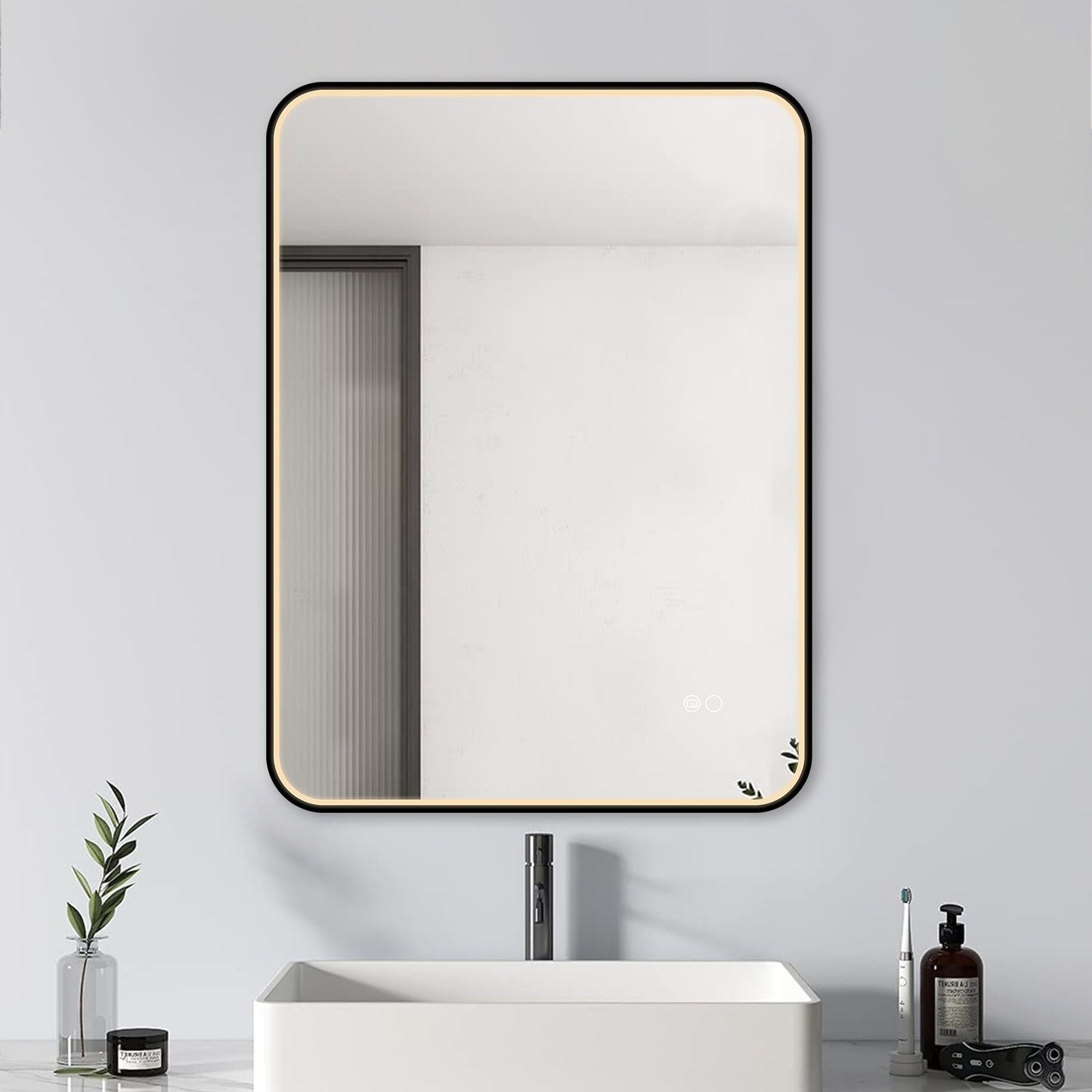 COLINE 24" x 32" Rounded Rectangular Black Metal Framed LED Mirror