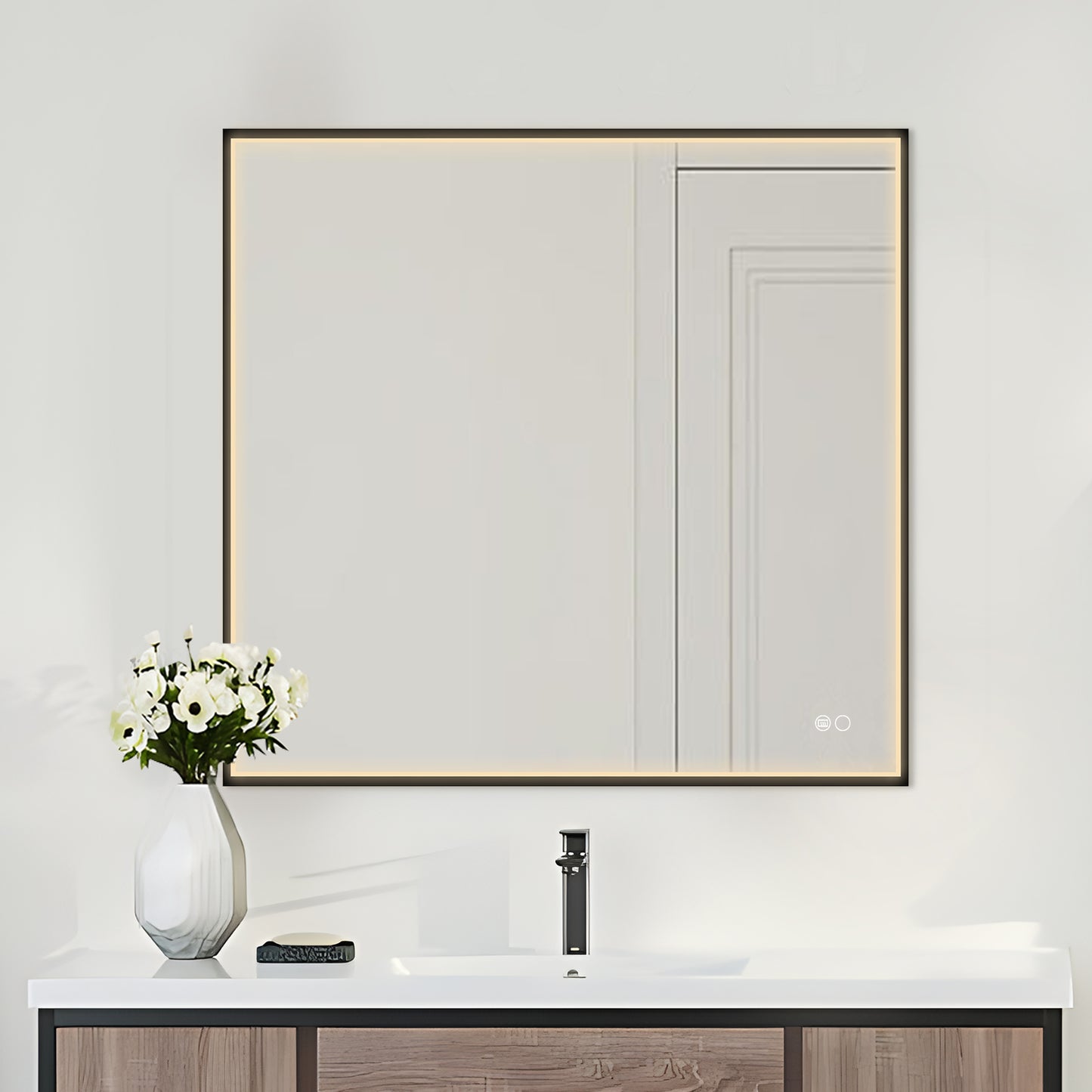 COLINE 28" x 28" Square Black Metal Framed LED Mirror