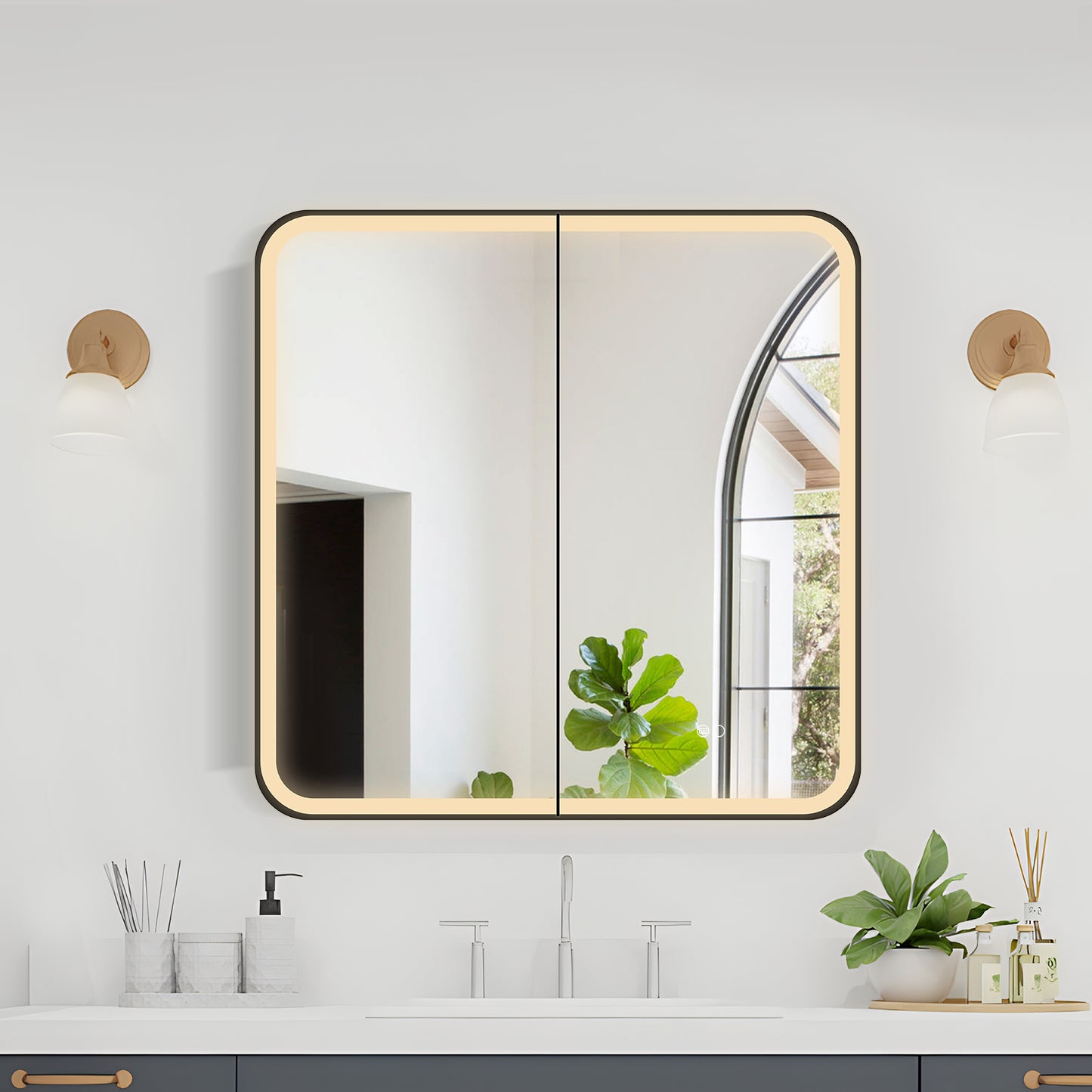 COLINE 28" x 28" Rounded Square Black Metal Framed LED Mirror Cabinet