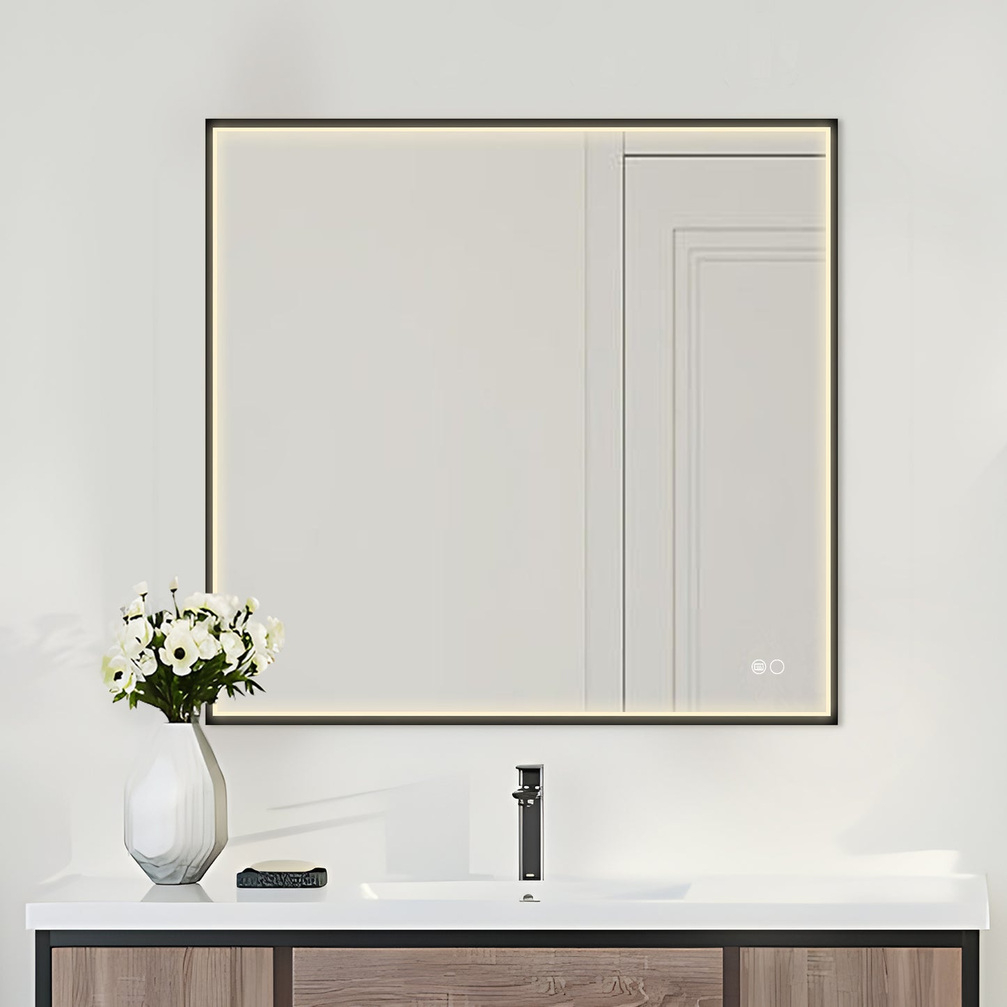 COLINE 28" x 28" Square Black Metal Framed LED Mirror