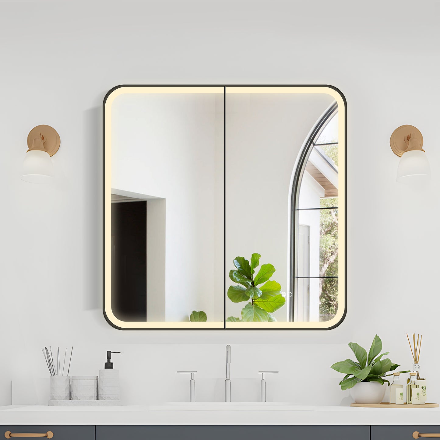 COLINE 28" x 28" Rounded Square Black Metal Framed LED Mirror Cabinet
