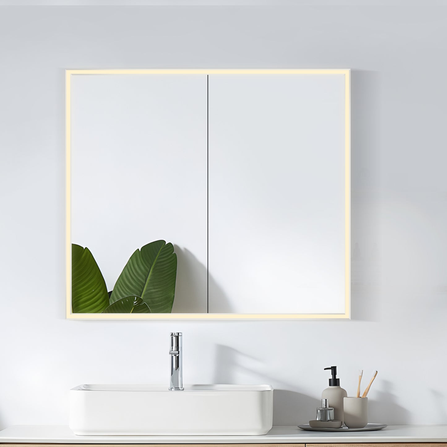 COLINE 32" x 28" Rectangular Silver Metal Framed LED Mirror Cabinet