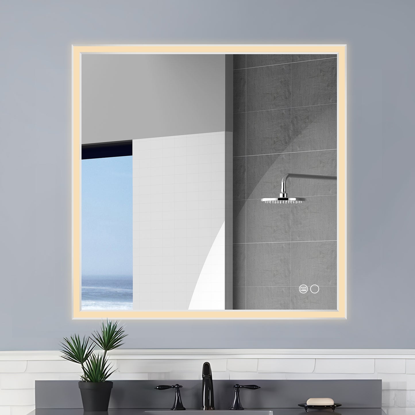 COLINE 32" x 32" Square Silver Metal Framed LED Mirror