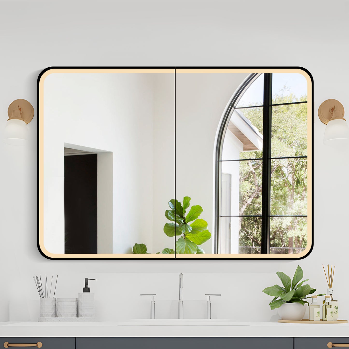 COLINE 40" x 28" Rounded Rectangular Black Metal Framed LED Mirror Cabinet
