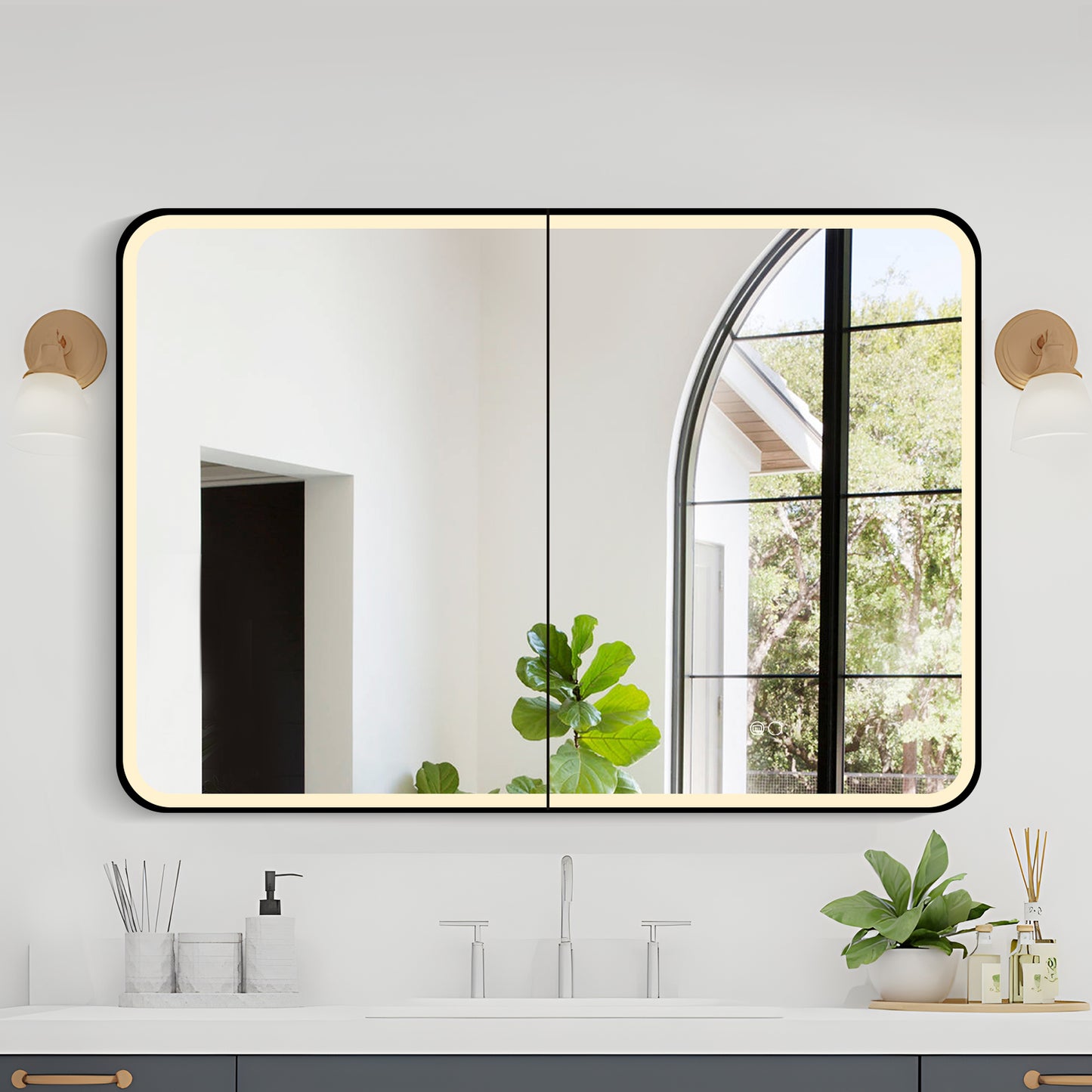 COLINE 40" x 28" Rounded Rectangular Black Metal Framed LED Mirror Cabinet
