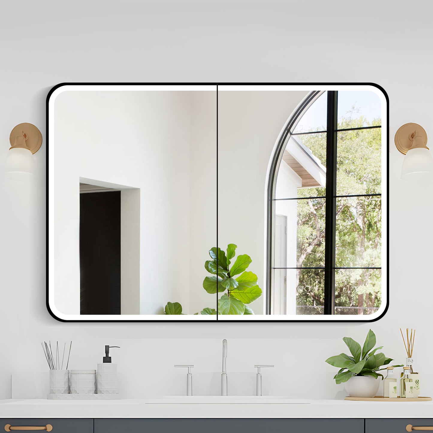 COLINE 40" x 28" Rounded Rectangular Black Metal Framed LED Mirror Cabinet