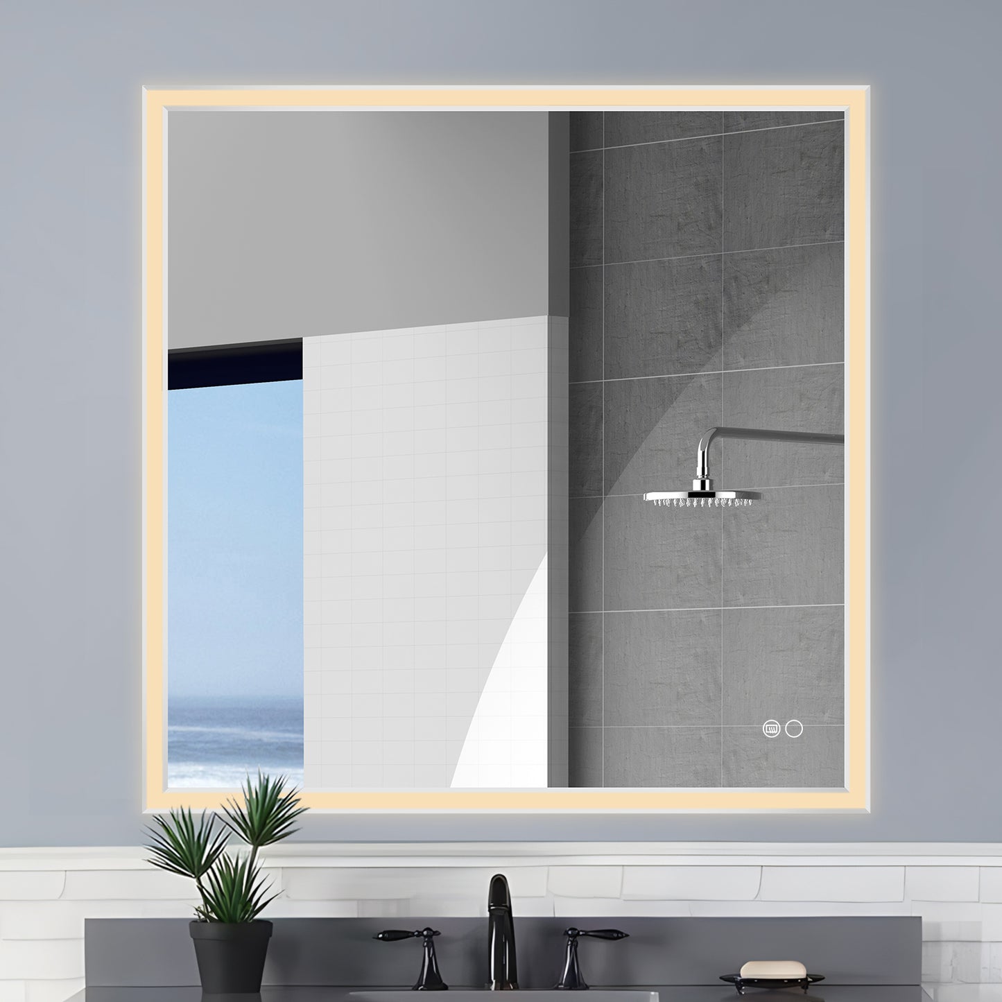 COLINE 40" x 40" Square Silver Metal Framed LED Mirror
