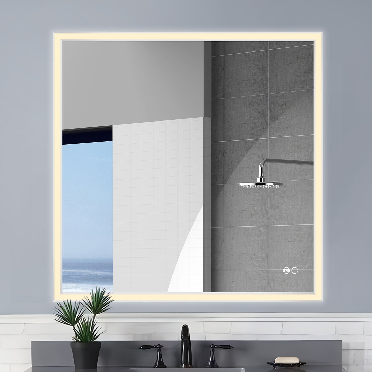 COLINE 40" x 40" Square Silver Metal Framed LED Mirror