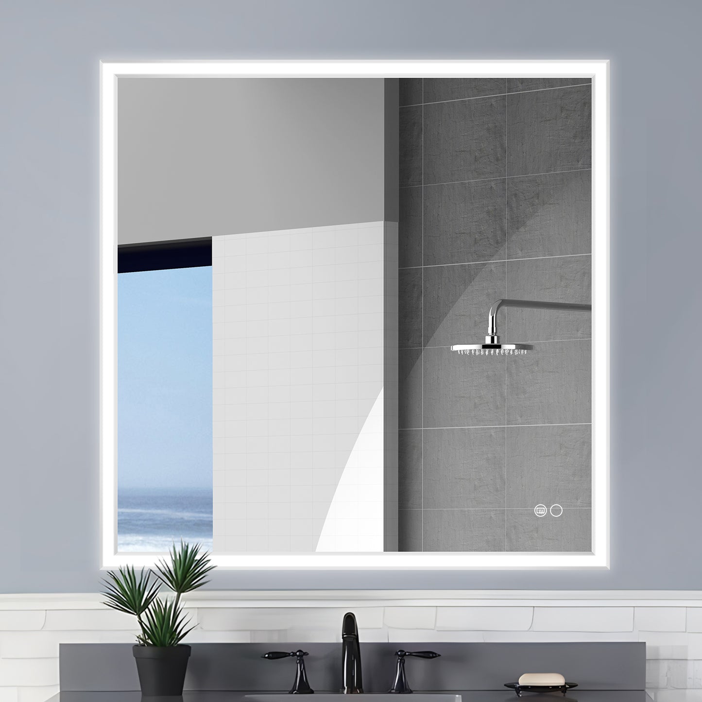 COLINE 40" x 40" Square Silver Metal Framed LED Mirror