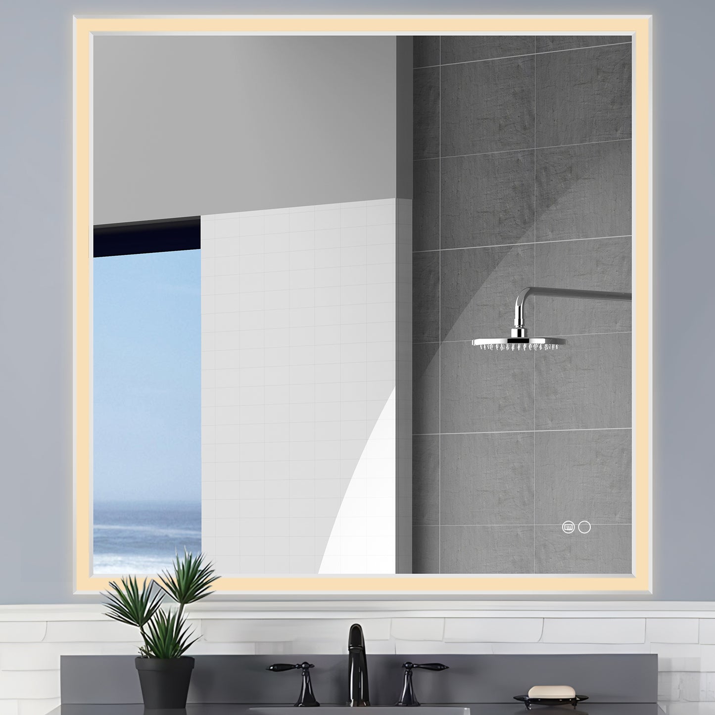 COLINE 48" x 48" Square Silver Metal Framed LED Mirror