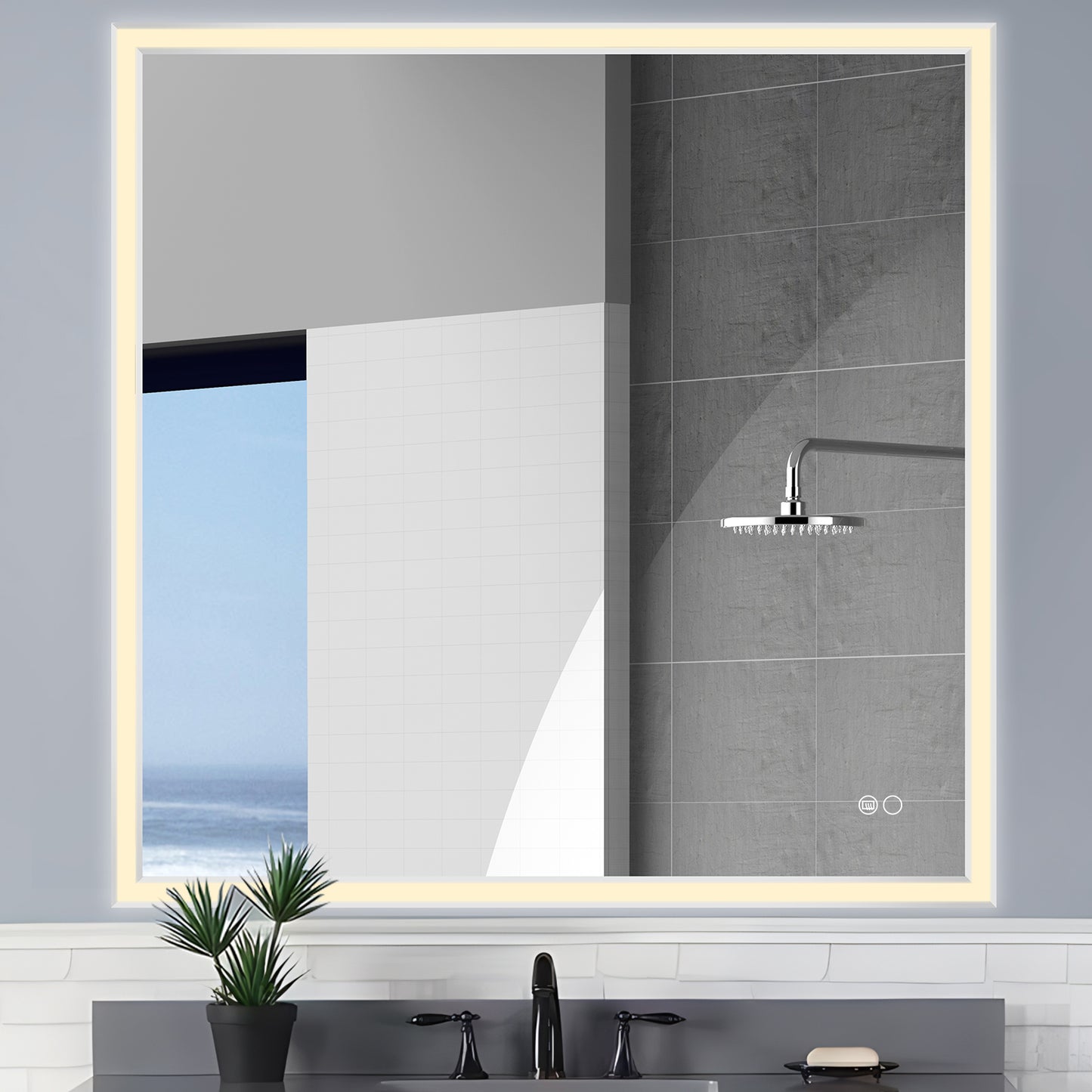 COLINE 48" x 48" Square Silver Metal Framed LED Mirror