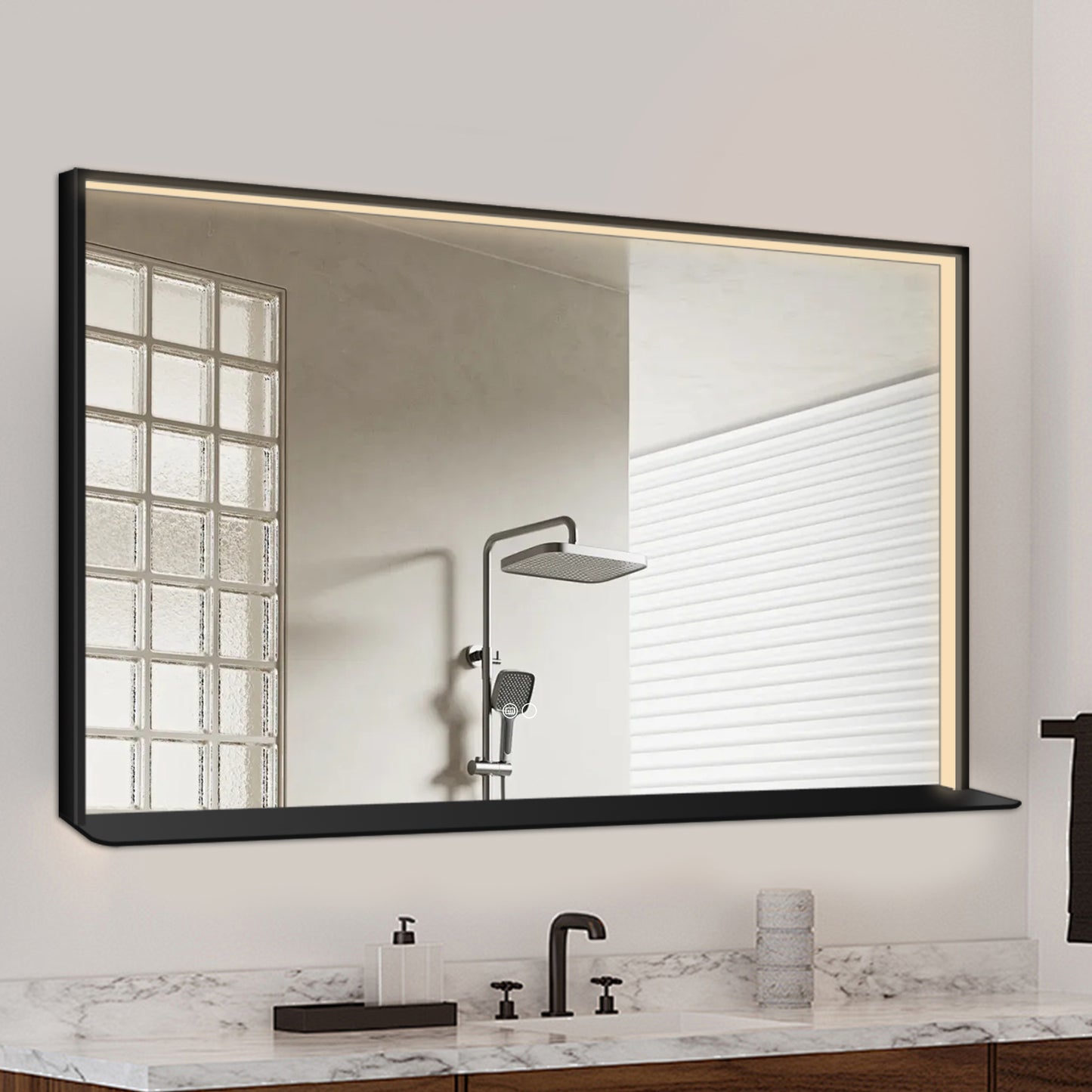 COLINE 48" x 30" Rectangular Black Metal Framed LED Mirror w/o Wireless Charging