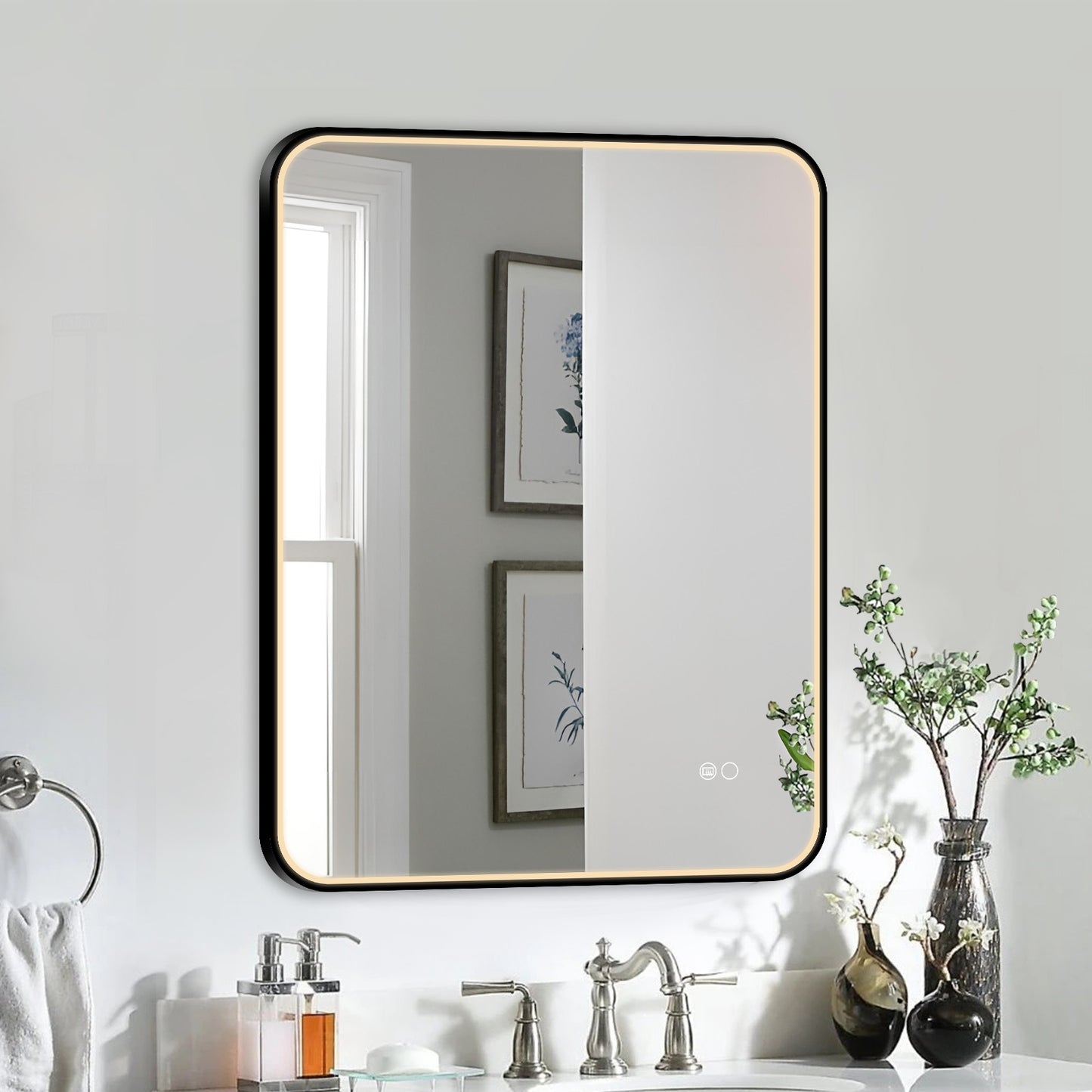 COLINE 24" x 32" Rounded Rectangular Black Metal Framed LED Mirror