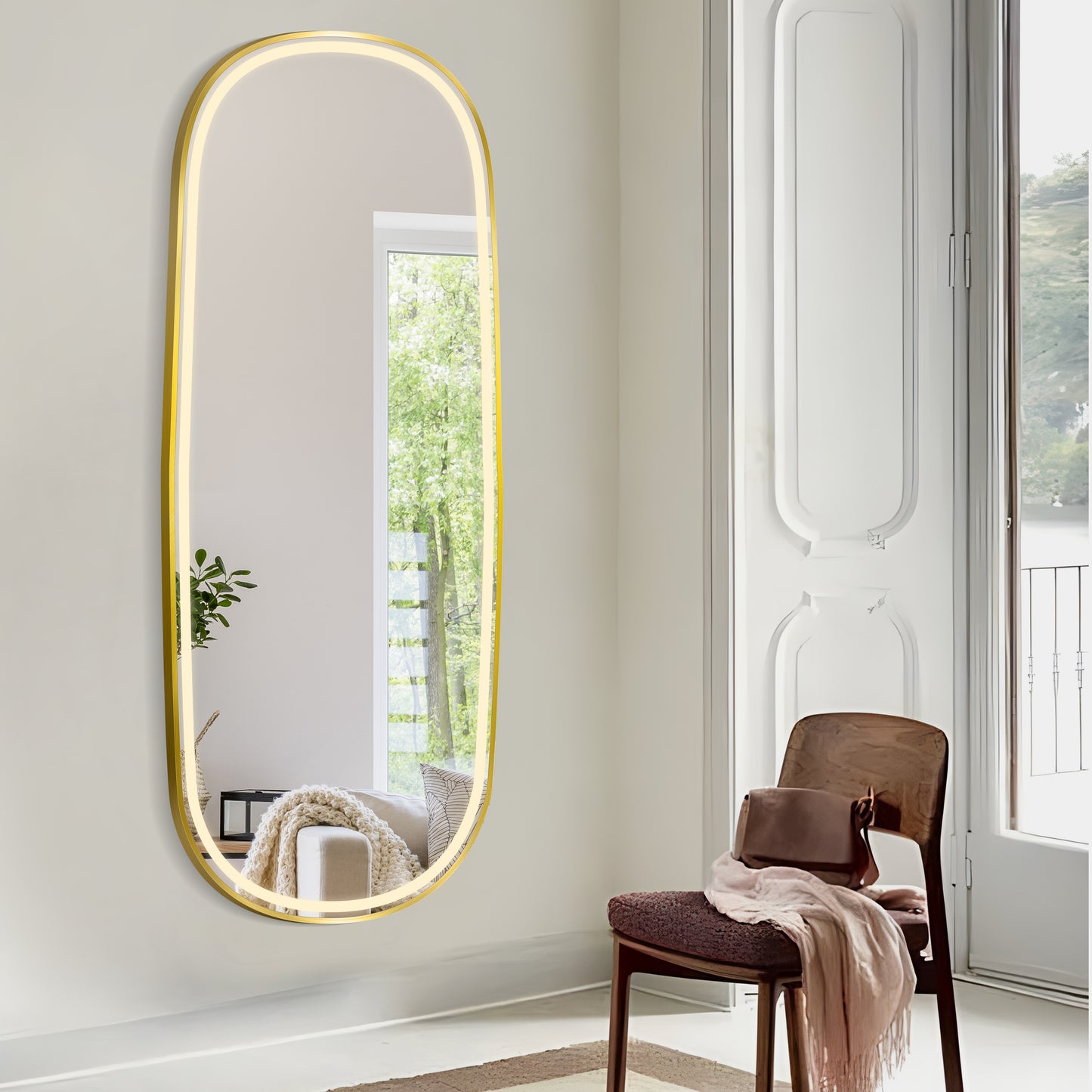 COLINE 26" x 63" Rounded Gold Metal Framed LED Mirror