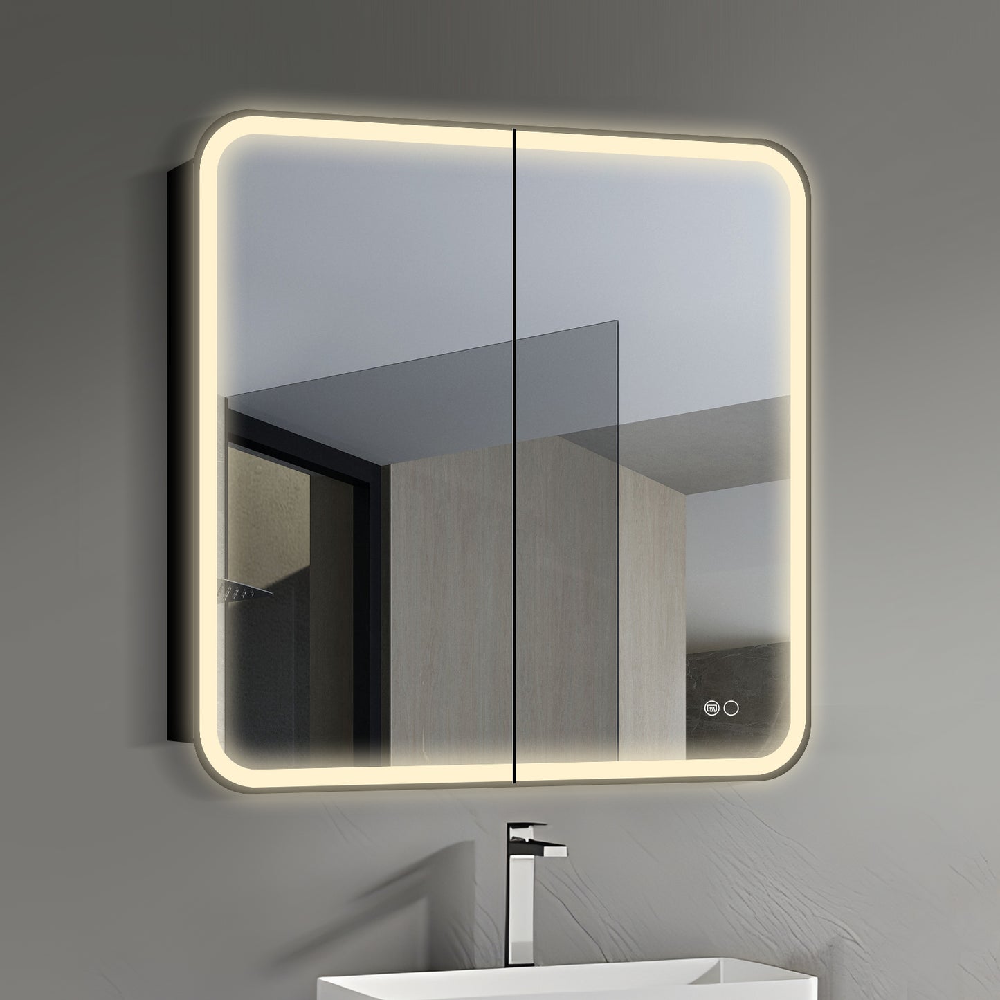 COLINE 28" x 28" Rounded Square Black Metal Framed LED Mirror Cabinet