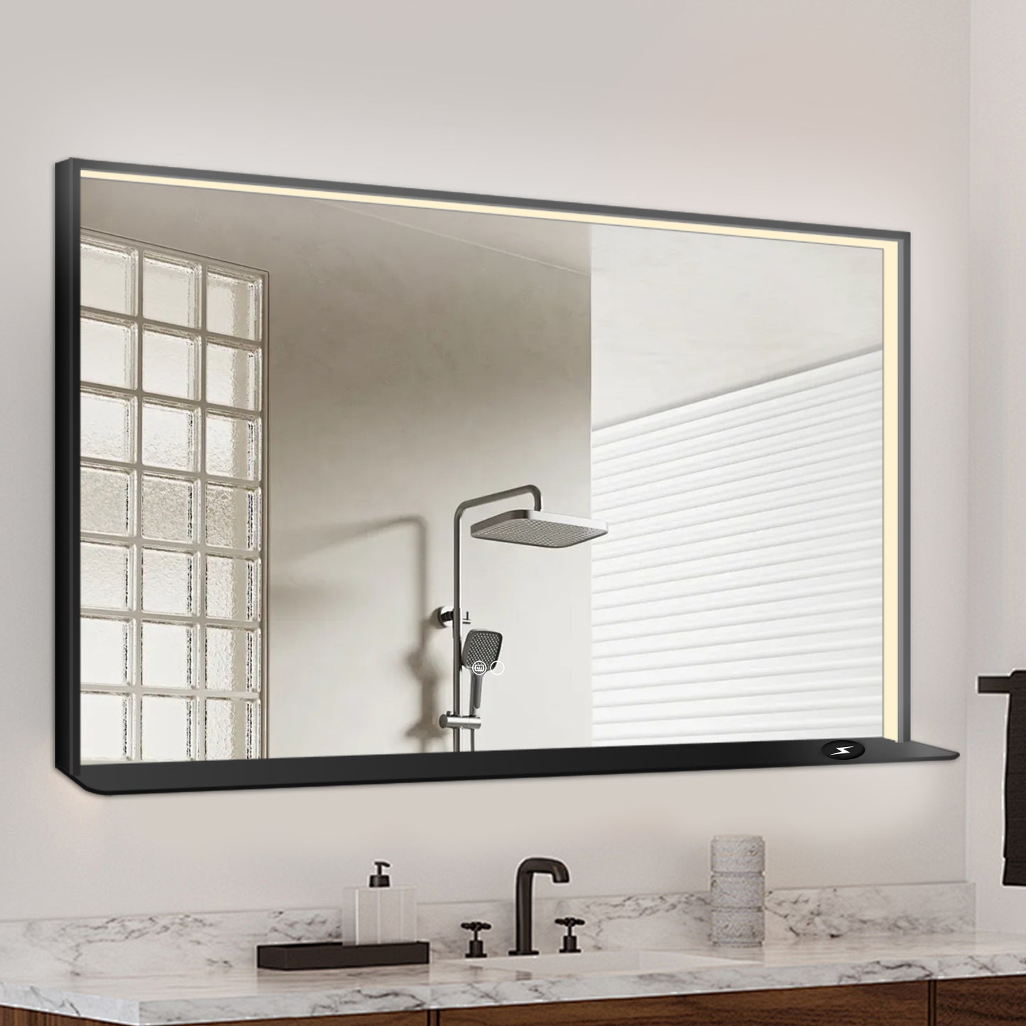 COLINE 48" x 30" Rectangular Black Metal Framed LED Mirror w/ Wireless Charging