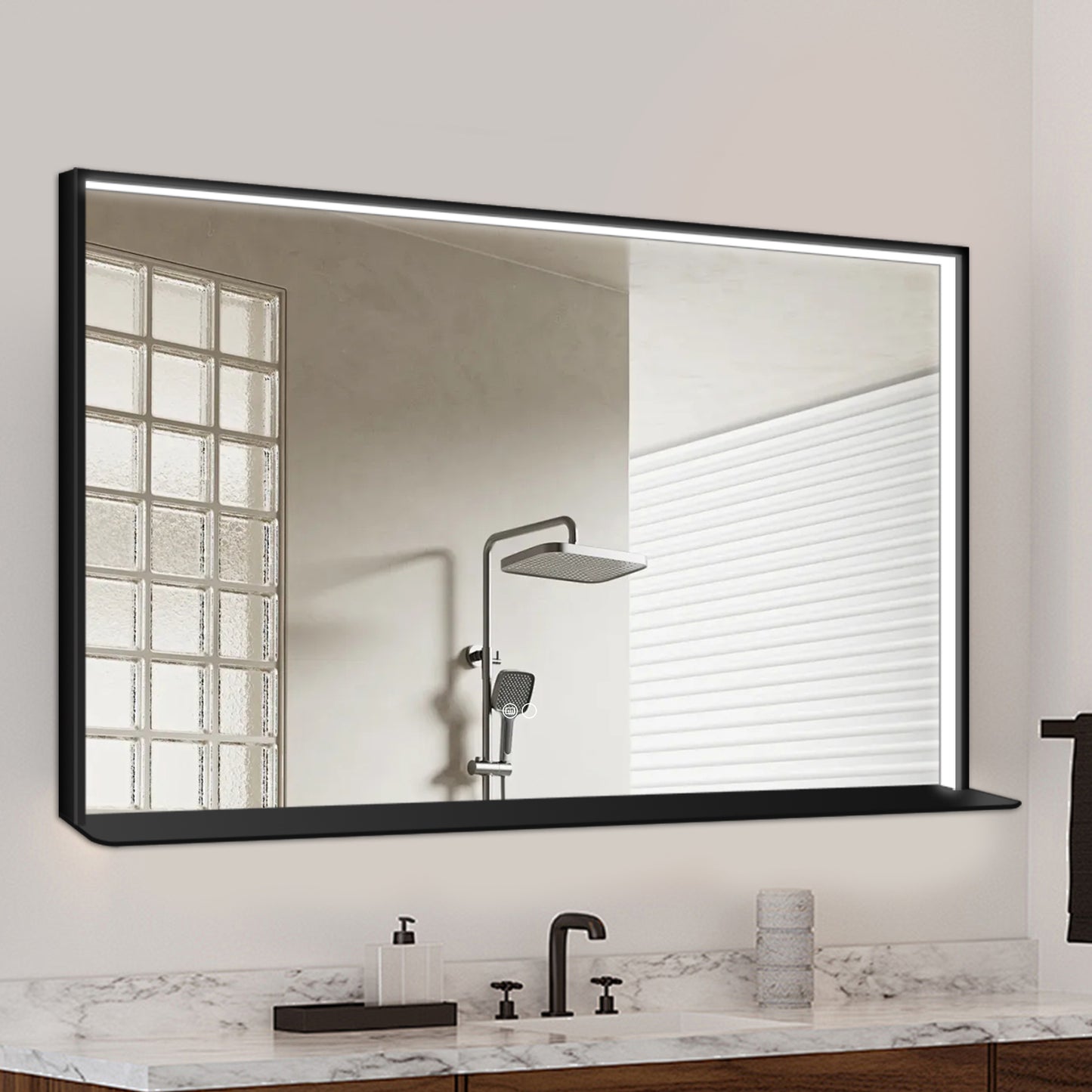 COLINE 48" x 30" Rectangular Black Metal Framed LED Mirror w/o Wireless Charging
