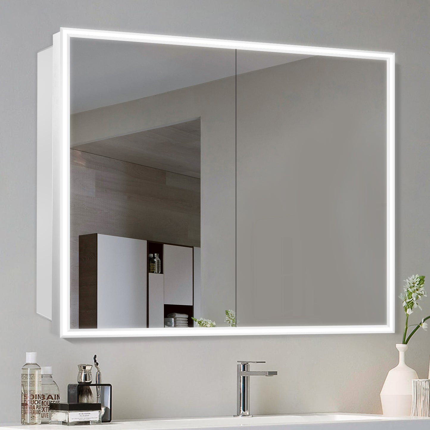 COLINE 48" x 32" Rectangular Silver Metal Framed LED Mirror Cabinet