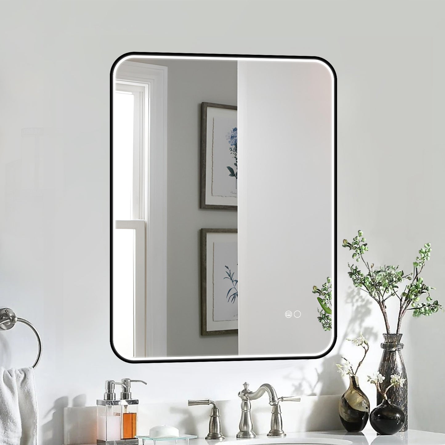 COLINE 24" x 32" Rounded Rectangular Black Metal Framed LED Mirror