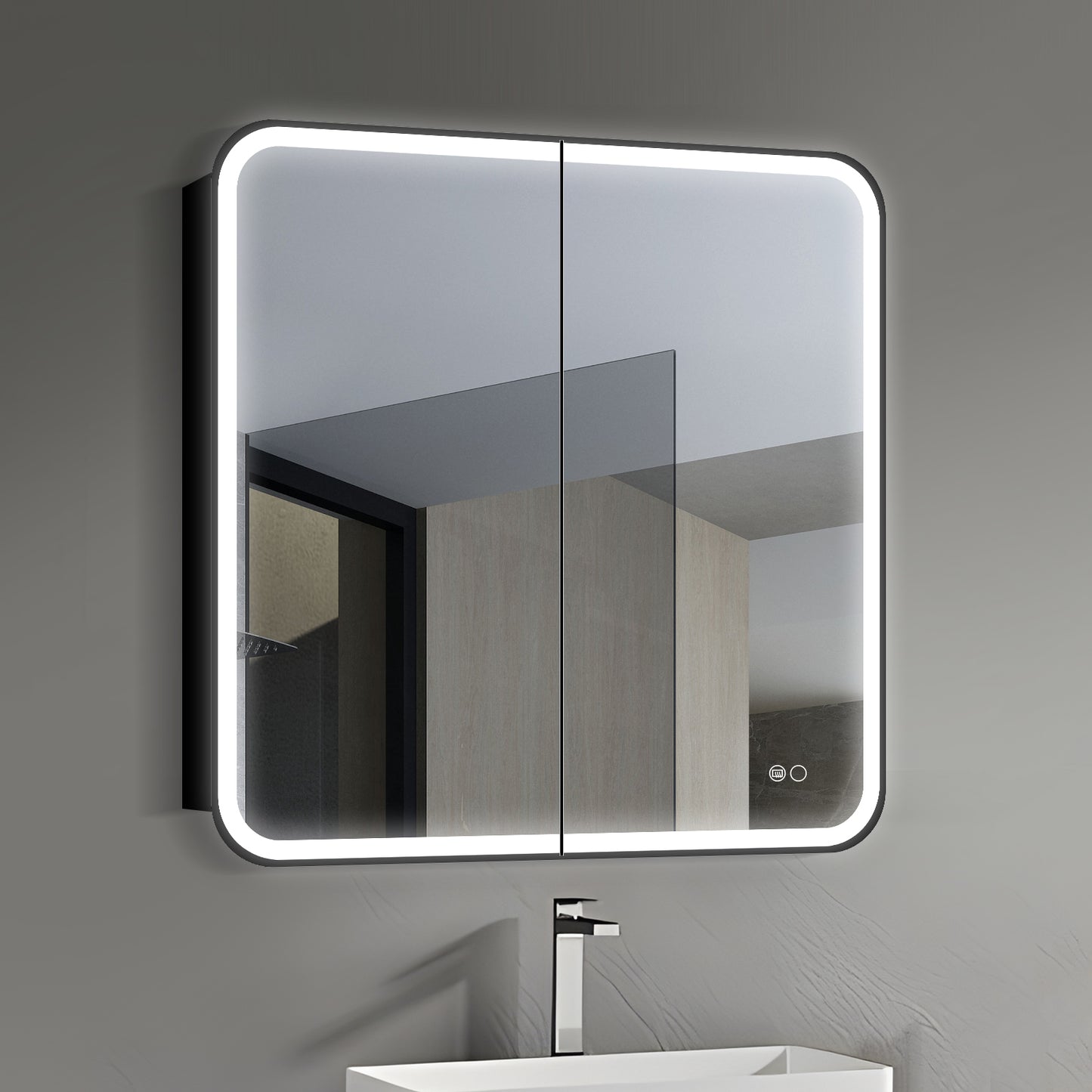 COLINE 28" x 28" Rounded Square Black Metal Framed LED Mirror Cabinet
