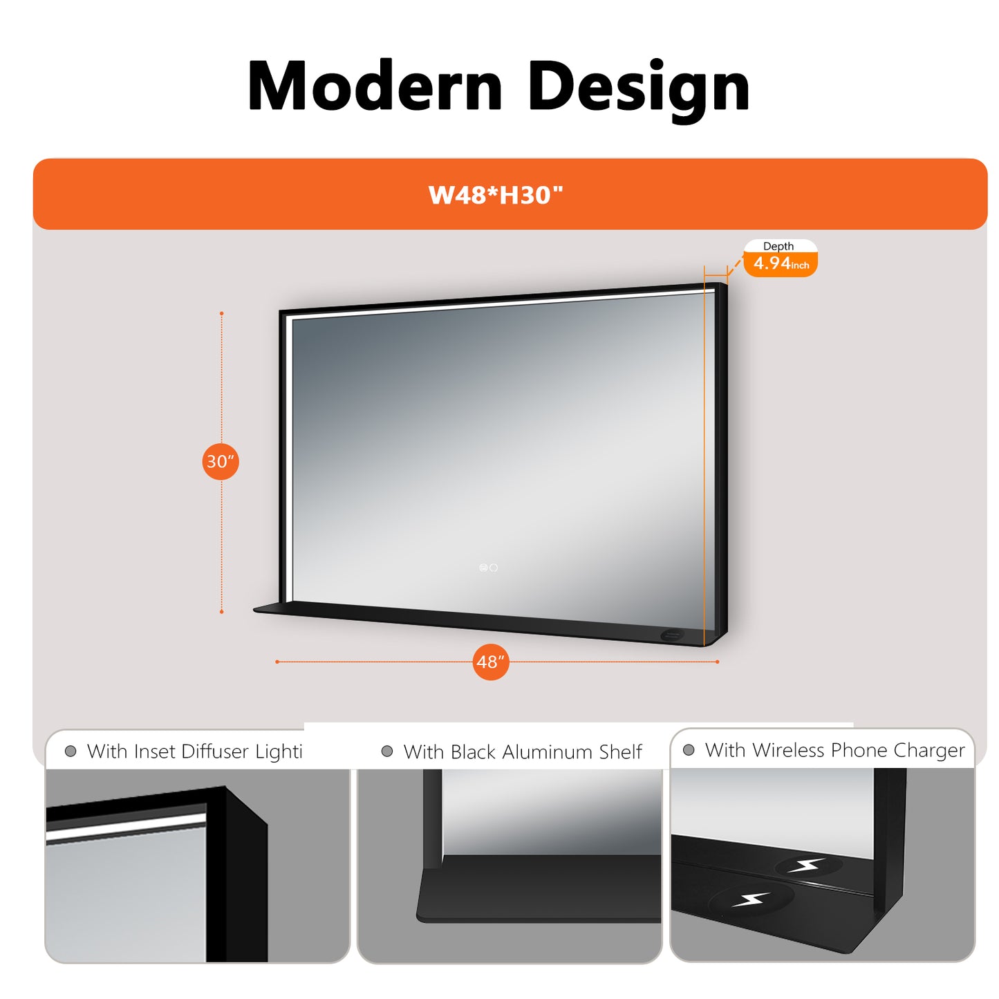 COLINE 48" x 30" Rectangular Black Metal Framed LED Mirror w/ Wireless Charging