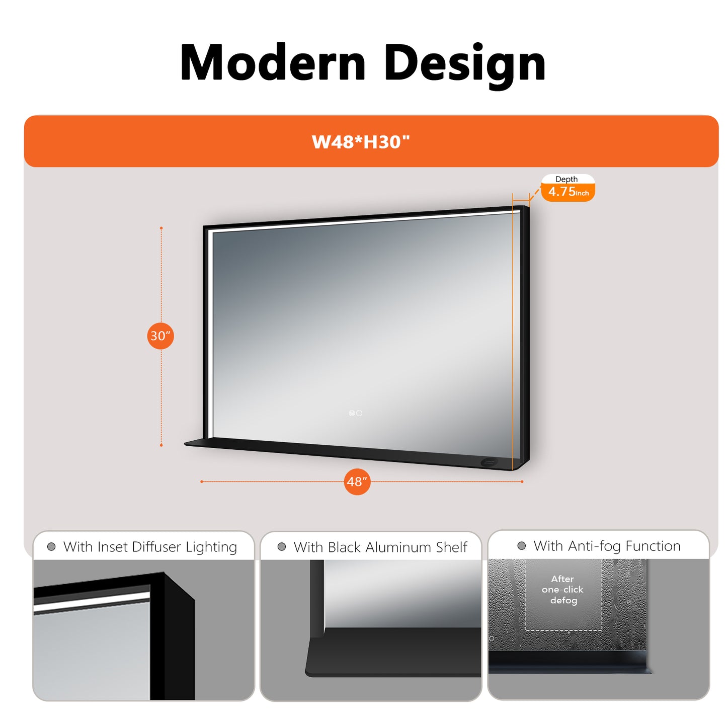 COLINE 48" x 30" Rectangular Black Metal Framed LED Mirror w/o Wireless Charging