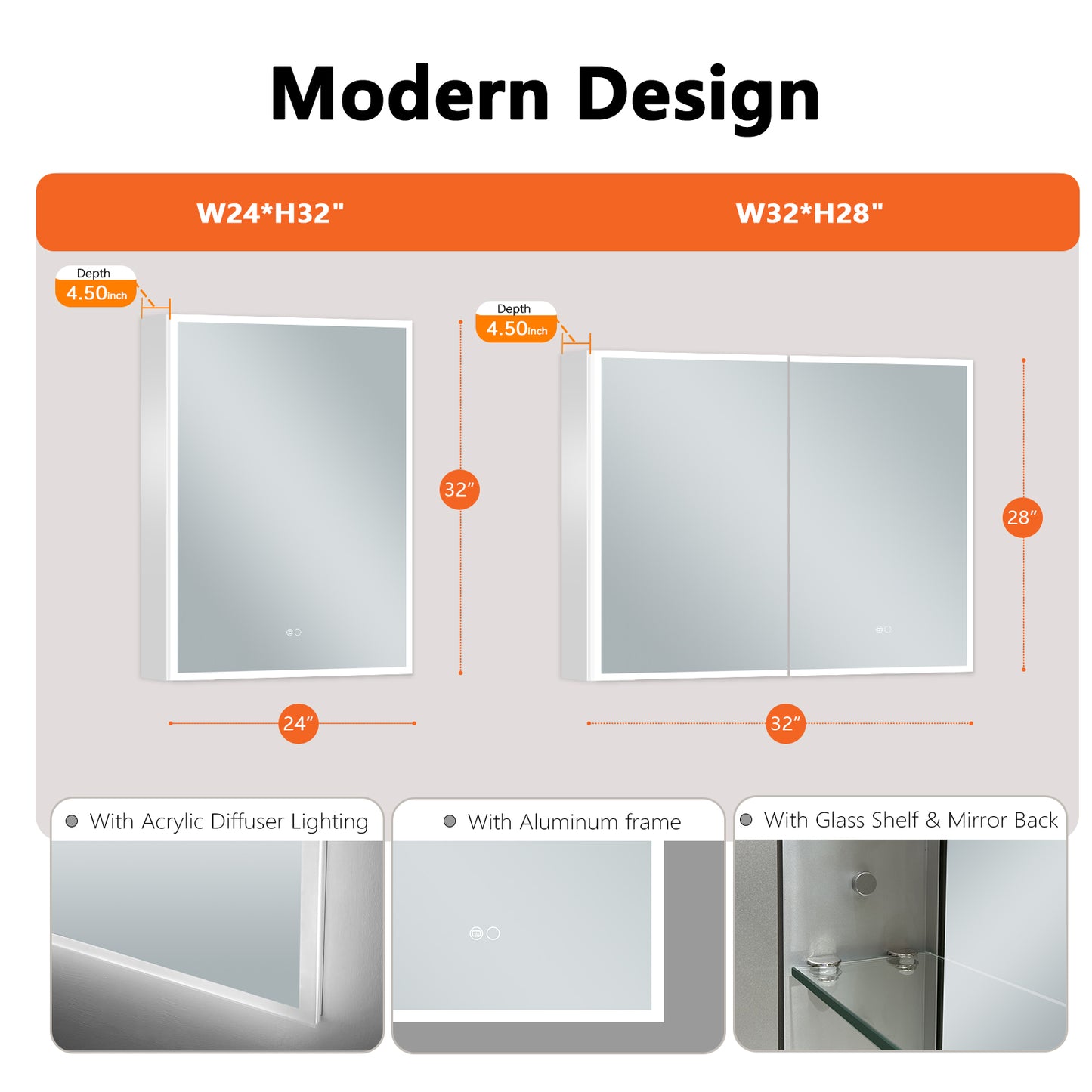 COLINE 24" x 32" Rectangular Silver Frameless LED Mirror Cabinet
