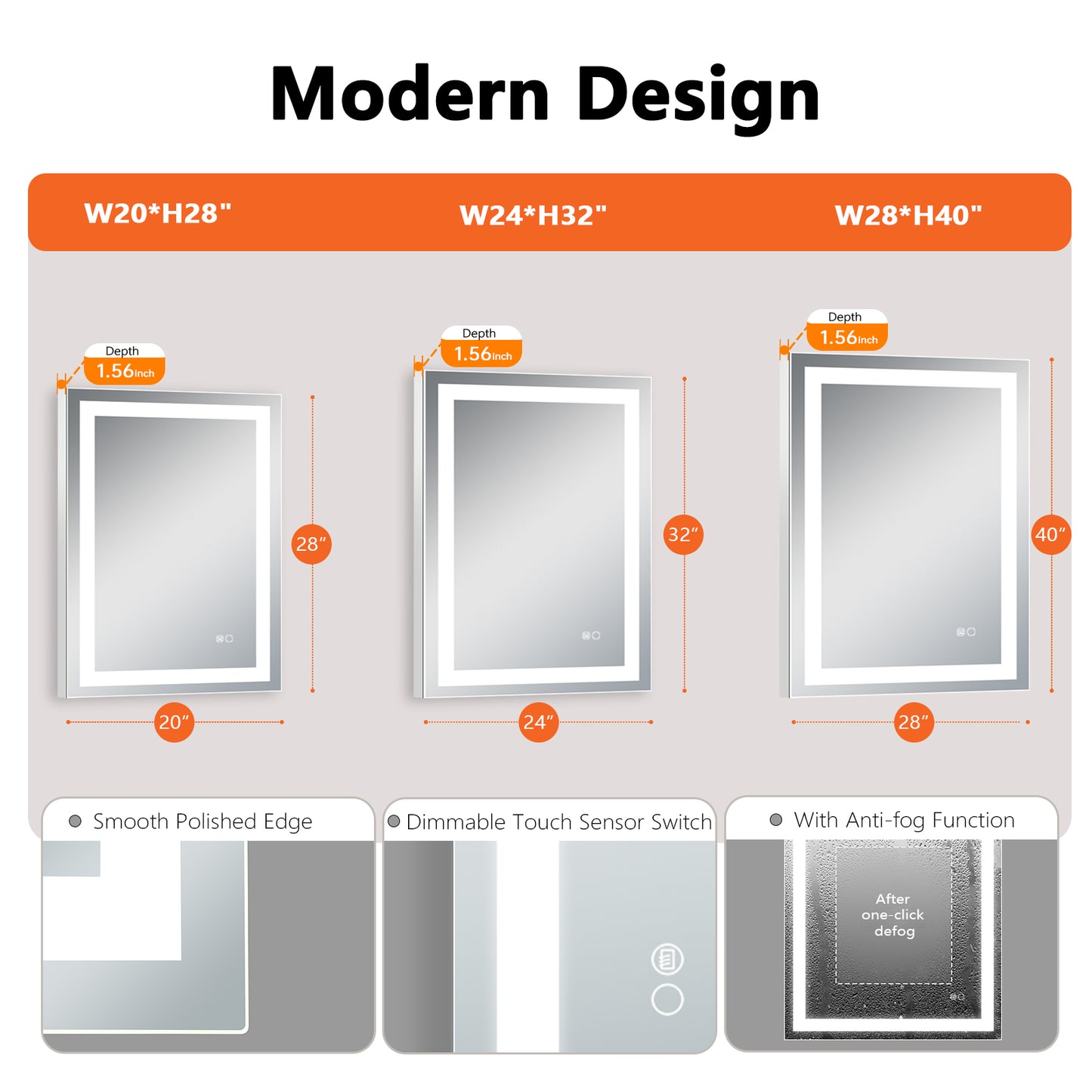 COLINE 20" x 28" Rectangular Silver Frameless LED Mirror