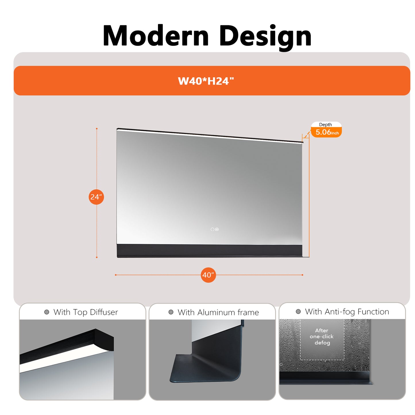 COLINE 40" x 24" Rectangular Black Frameless LED Mirror