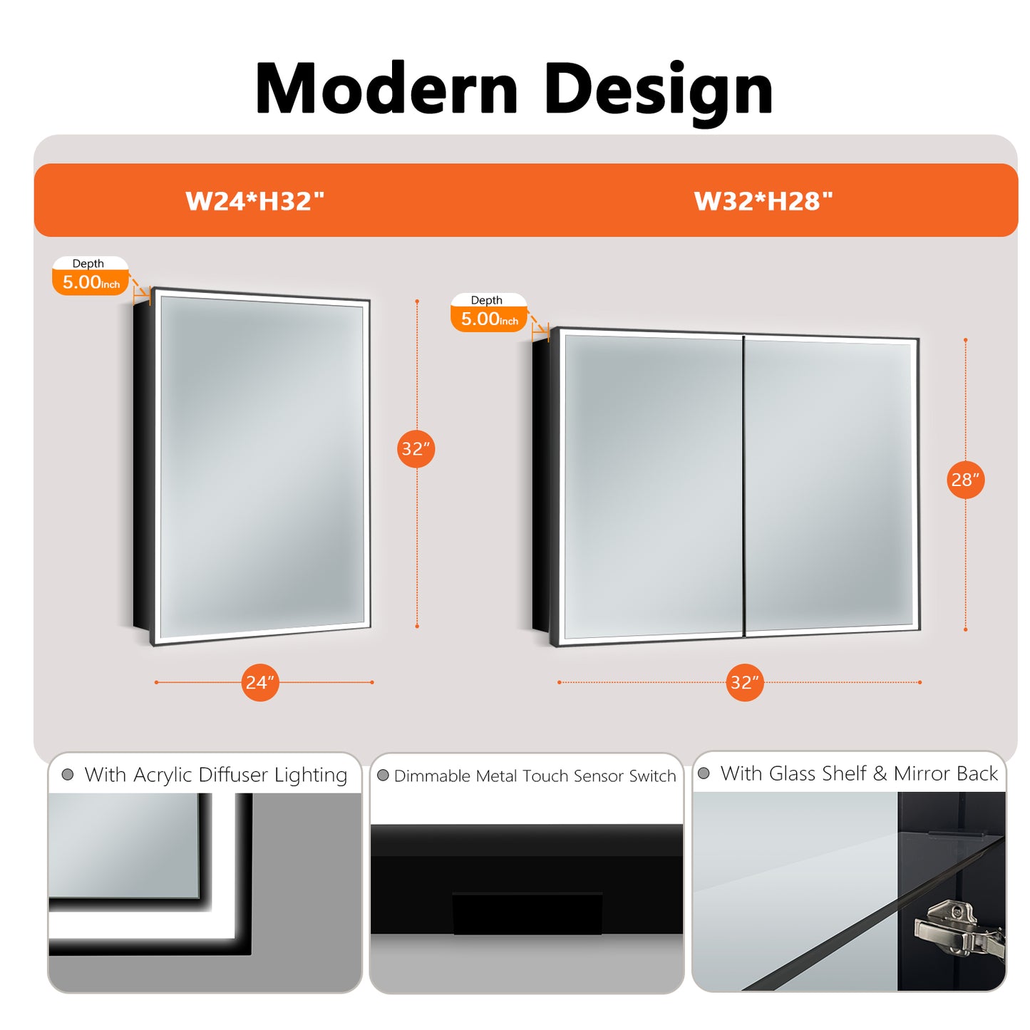 COLINE 32" x 28" Rectangular Black Frameless LED Mirror Cabinet
