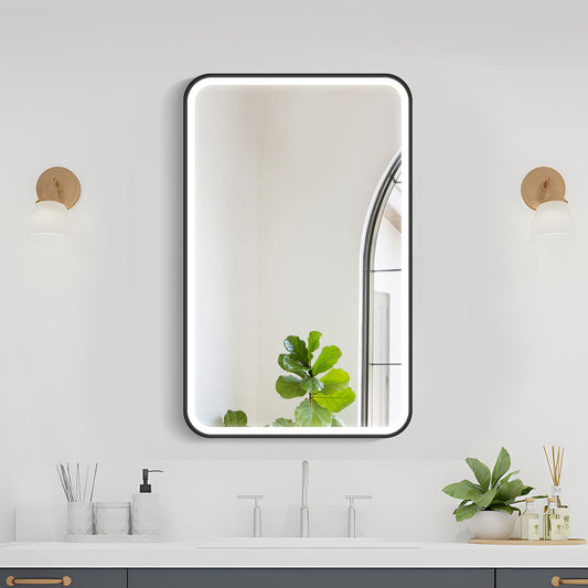COLINE 20" x 32" Rounded Rectangular Black Metal Framed LED Mirror Cabinet