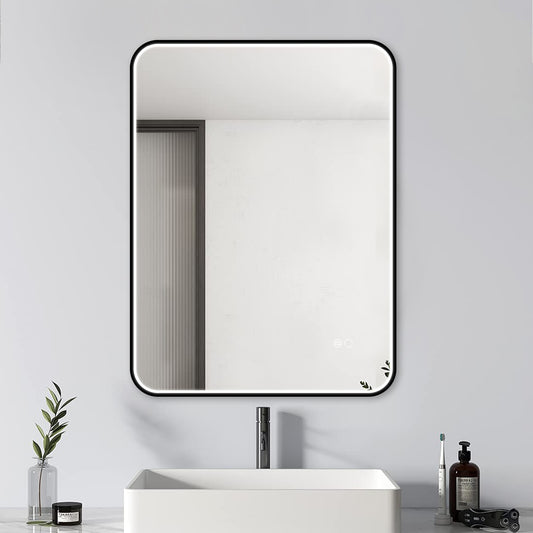 COLINE 24" x 32" Rounded Rectangular Black Metal Framed LED Mirror