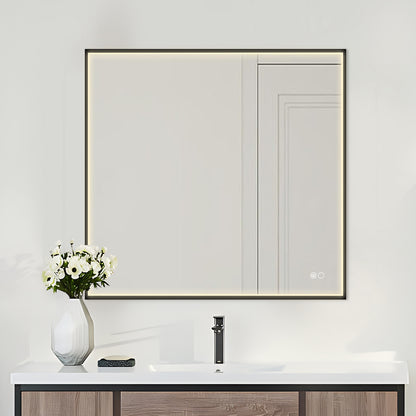 COLINE 28" x 28" Square Black Metal Framed LED Mirror
