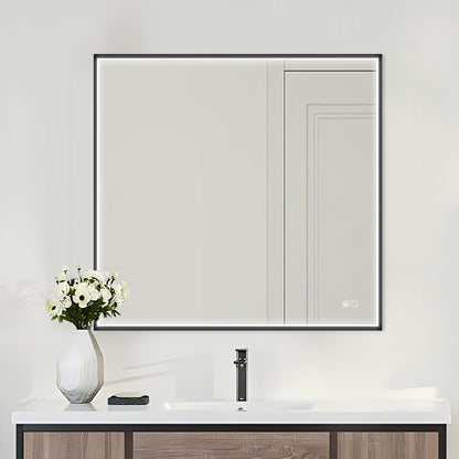 COLINE 28" x 28" Square Black Metal Framed LED Mirror