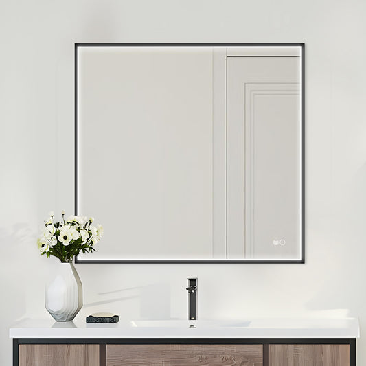 COLINE 28" x 28" Square Black Metal Framed LED Mirror