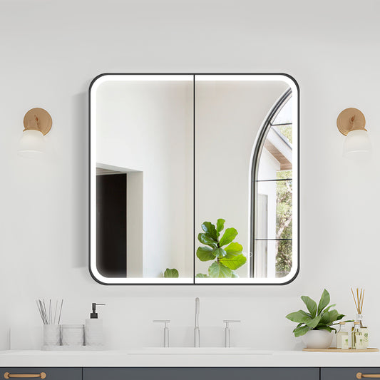 COLINE 28" x 28" Rounded Square Black Metal Framed LED Mirror Cabinet