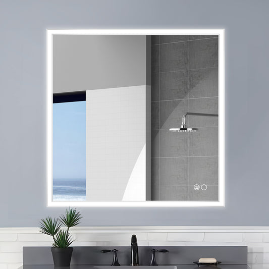COLINE 32" x 32" Square Silver Metal Framed LED Mirror