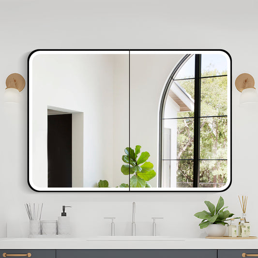 COLINE 40" x 28" Rounded Rectangular Black Metal Framed LED Mirror Cabinet
