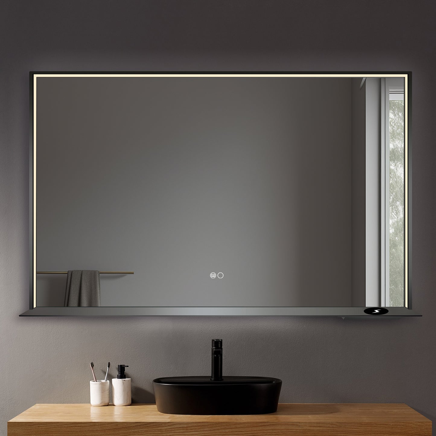 COLINE 48" x 30" Rectangular Black Metal Framed LED Mirror w/ Wireless Charging