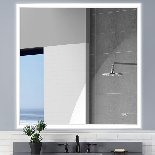 COLINE 48" x 48" Square Silver Metal Framed LED Mirror