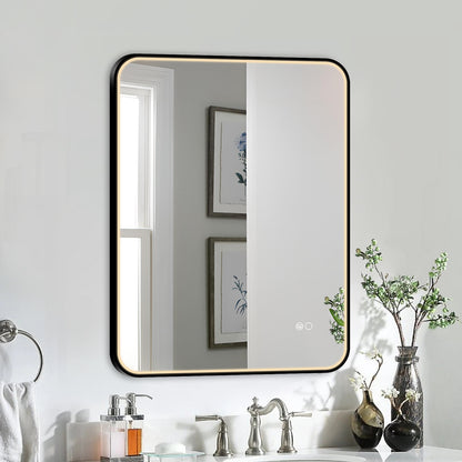 COLINE 24" x 32" Rounded Rectangular Black Metal Framed LED Mirror
