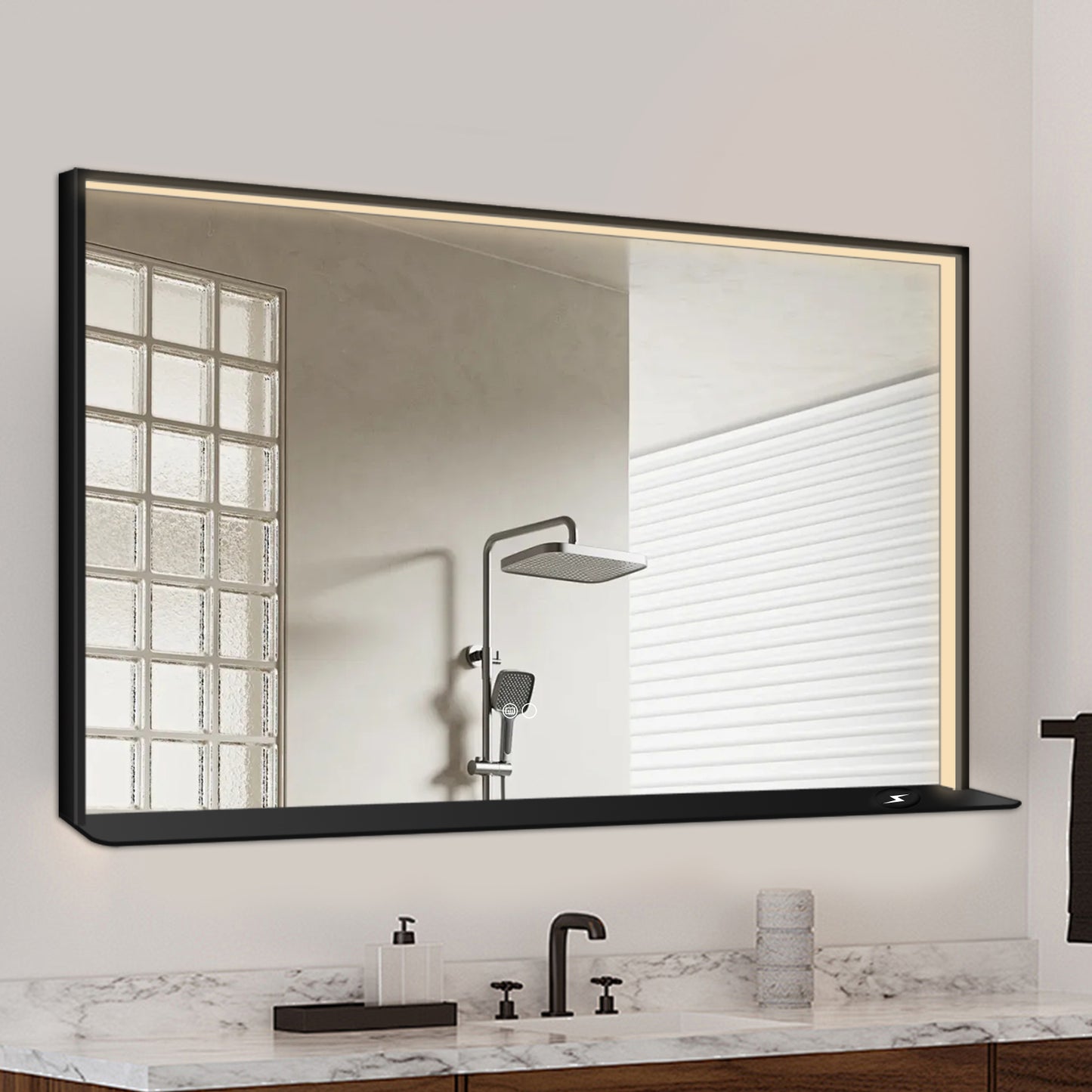 COLINE 48" x 30" Rectangular Black Metal Framed LED Mirror w/ Wireless Charging