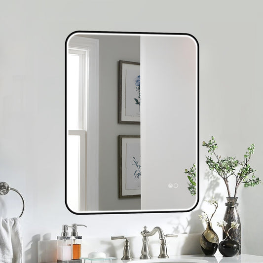 COLINE 24" x 32" Rounded Rectangular Black Metal Framed LED Mirror