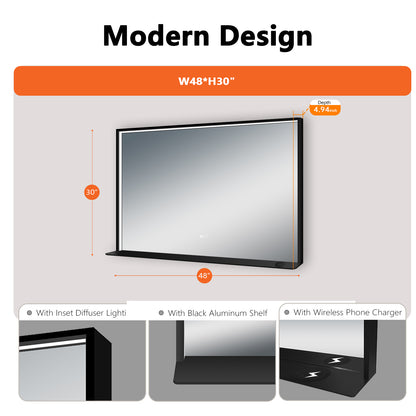 COLINE 48" x 30" Rectangular Black Metal Framed LED Mirror w/ Wireless Charging
