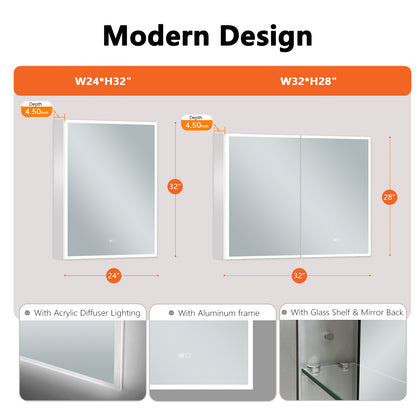 COLINE 24" x 32" Rectangular Silver Frameless LED Mirror Cabinet